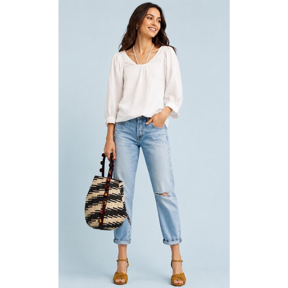 Anthropologie Akemi Kin Sylvia White Linen Blend Puff Sleeve Peasant Top Small